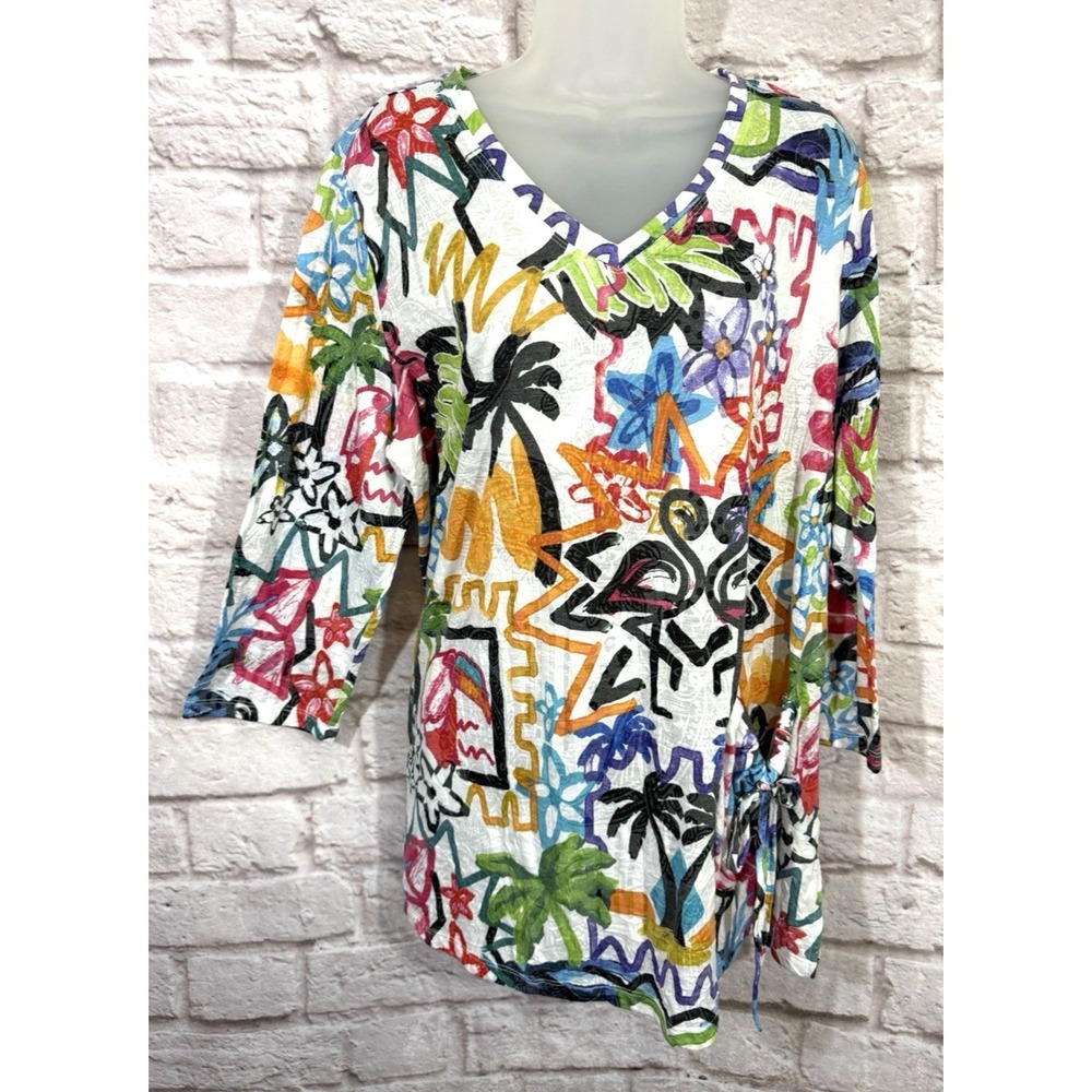 Ali Miles Tunic Top XL Multicolor Abstract Tropical‎ Flamingo Crinkle Artsy Boho